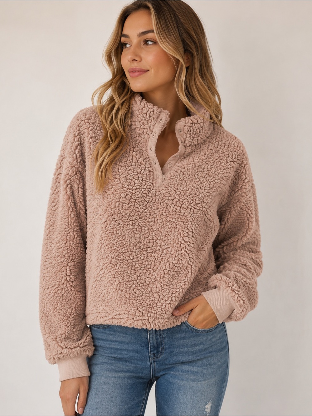 Love Tree Teddy Fleece Pullover Quarter Snap Jacket Blush Beige Size Medium